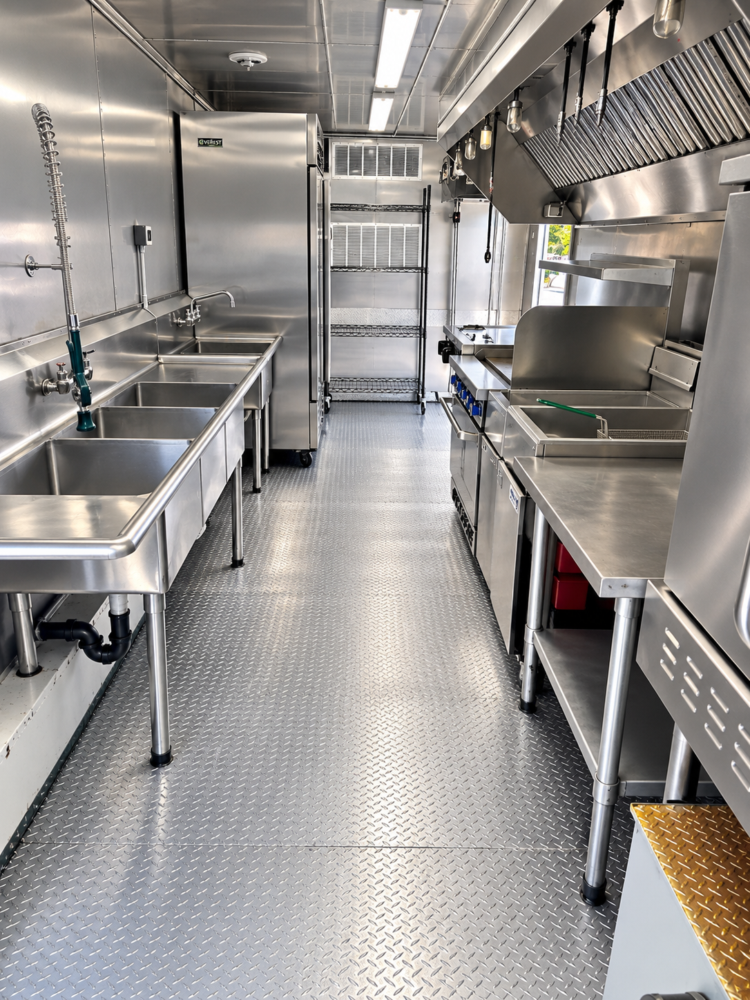 Griddle cooking line inside a 26 ft mobile kitchen